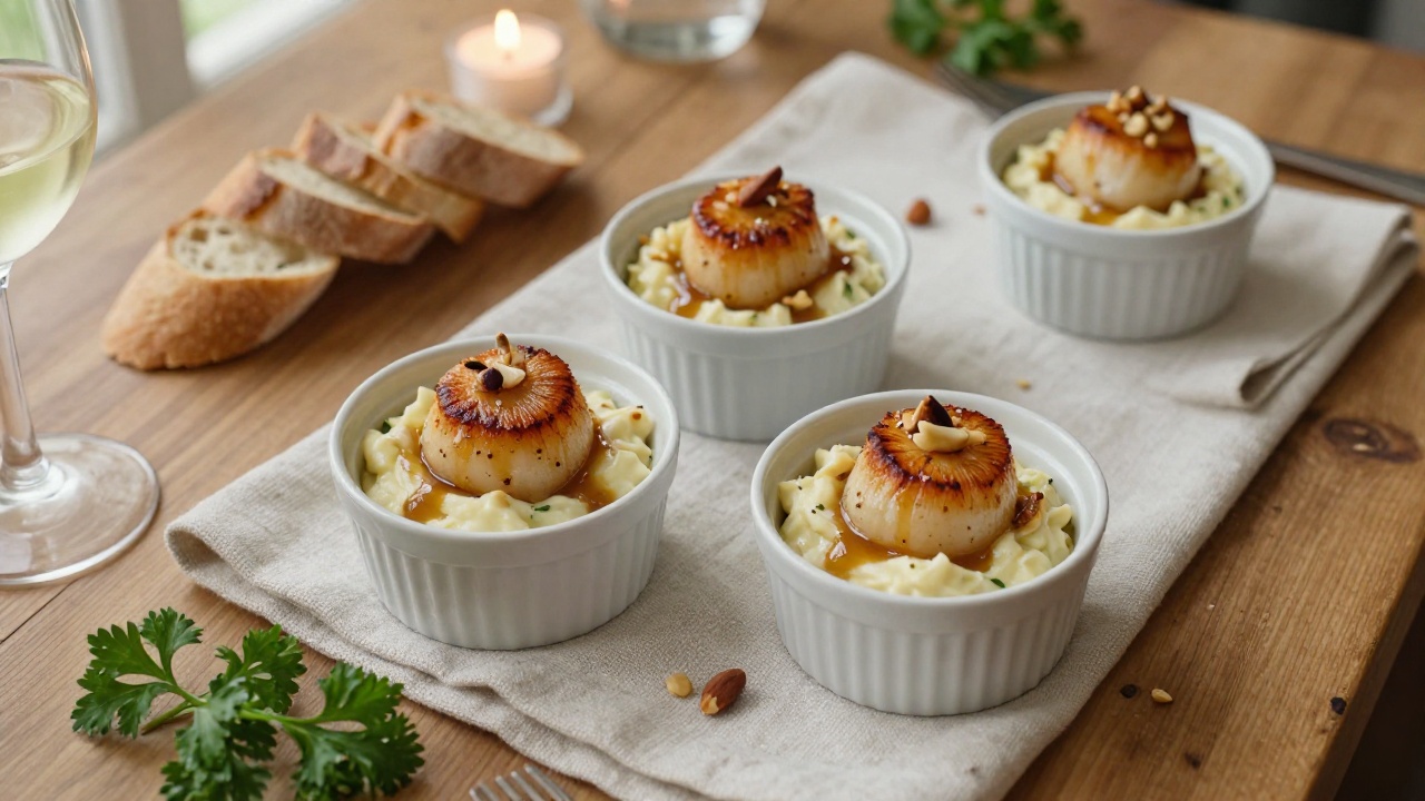 Cassolette de saint-jacques délicieuse avec fondue de poireaux savoureuse