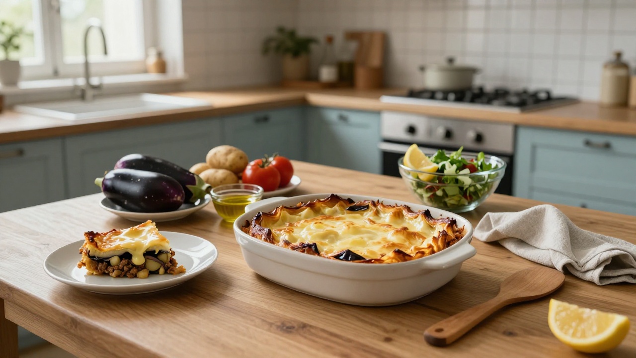 Photo de recette moussaka traditionnelle grecque, plat méditerranéen classique