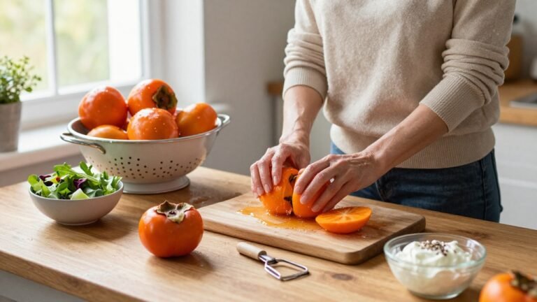 Peau de kaki comestible montrant la surface du fruit mûr