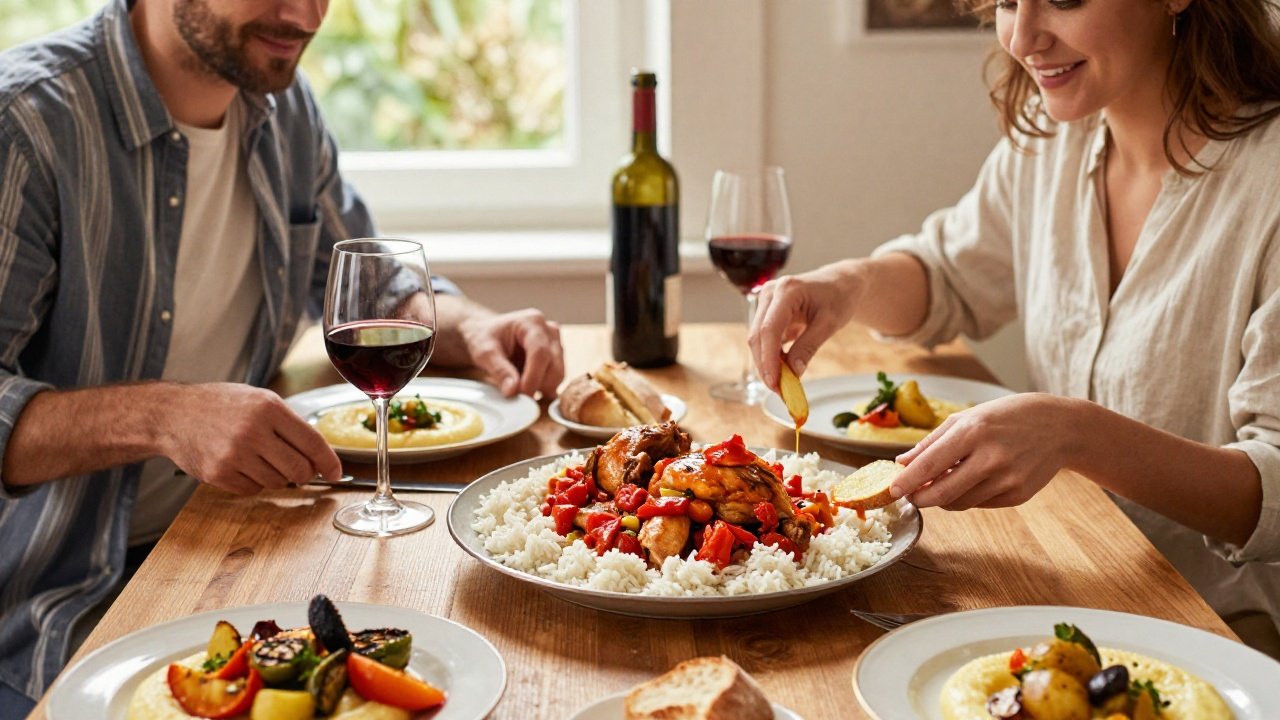 Poulet basquaise savoureux accompagné de riz et légumes grillés