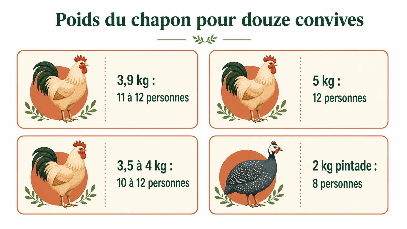 Infographie indiquant les poids de chapon recommandés pour douze convives sans gaspillage.
