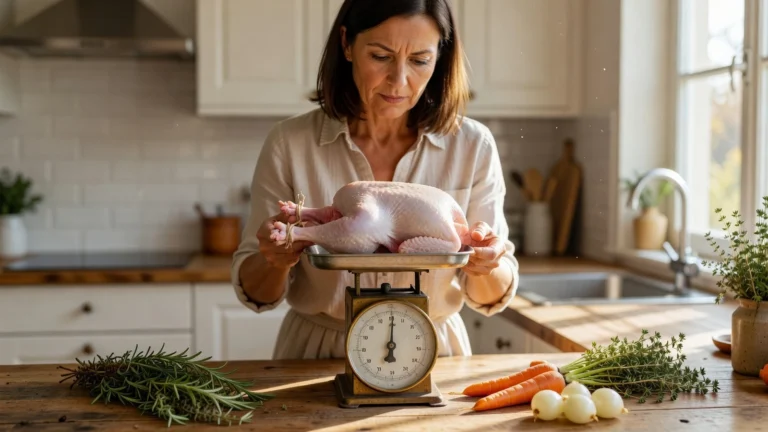 Une femme vérifie le poids d'un grand chapon sur une balance de cuisine avant de le préparer pour douze convives.