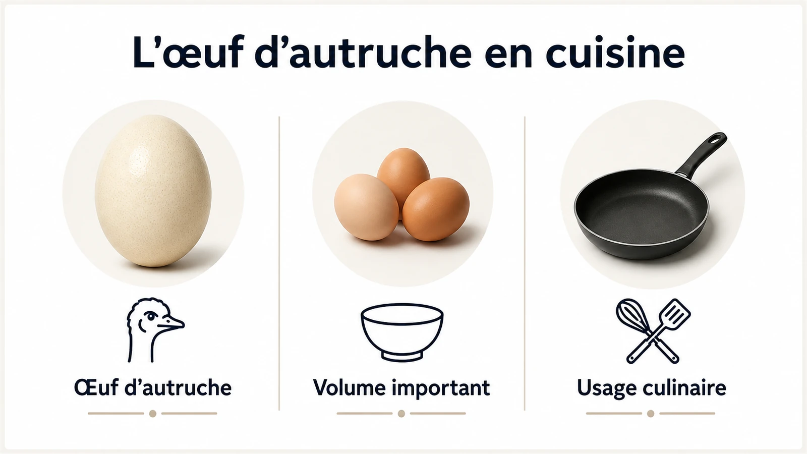Schéma des caractéristiques pratiques d'un œuf d'autruche pour la cuisine.