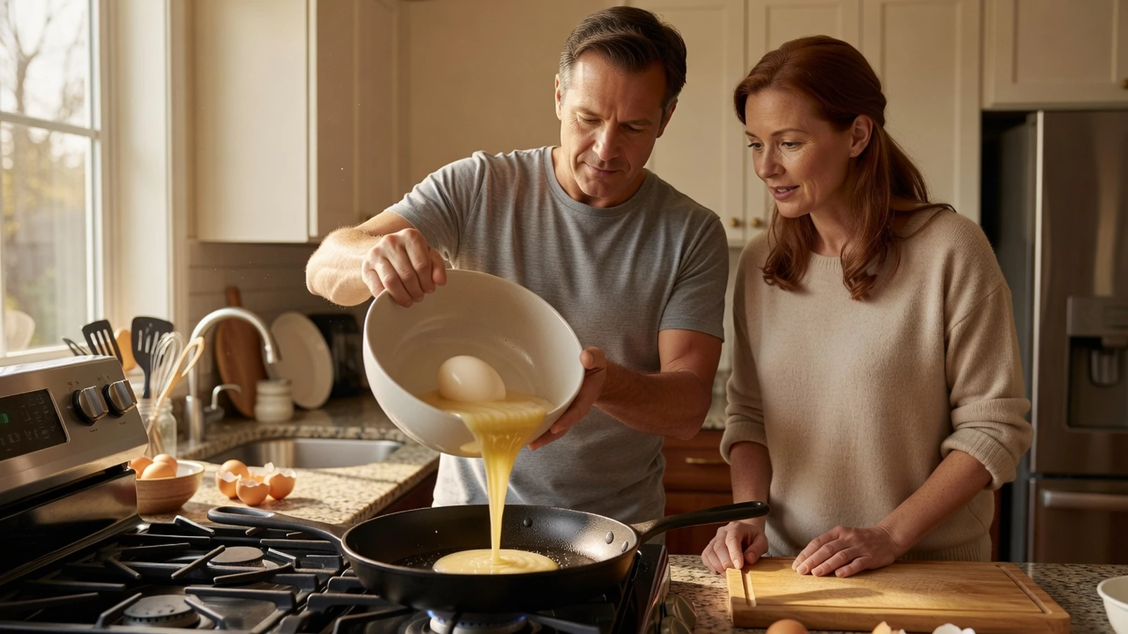 Un couple verse le contenu d'un œuf d'autruche dans une poêle sur la cuisinière.