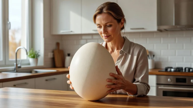 Une femme examine un œuf d'autruche imposant dans une cuisine lumineuse.