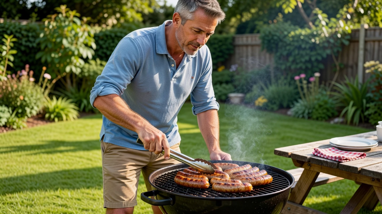 Un homme retourne des chipolatas sur un barbecue en extérieur pour contrôler leur cuisson.