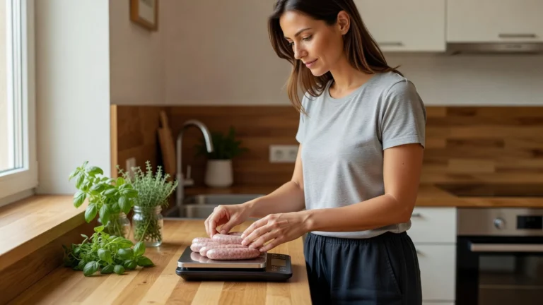 Une femme pèse des chipolatas crues sur une balance dans sa cuisine pour vérifier leur poids exact.
