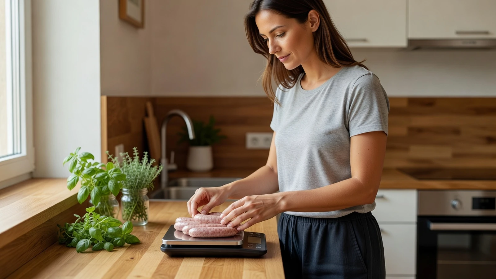 Une femme pèse des chipolatas crues sur une balance dans sa cuisine pour vérifier leur poids exact.