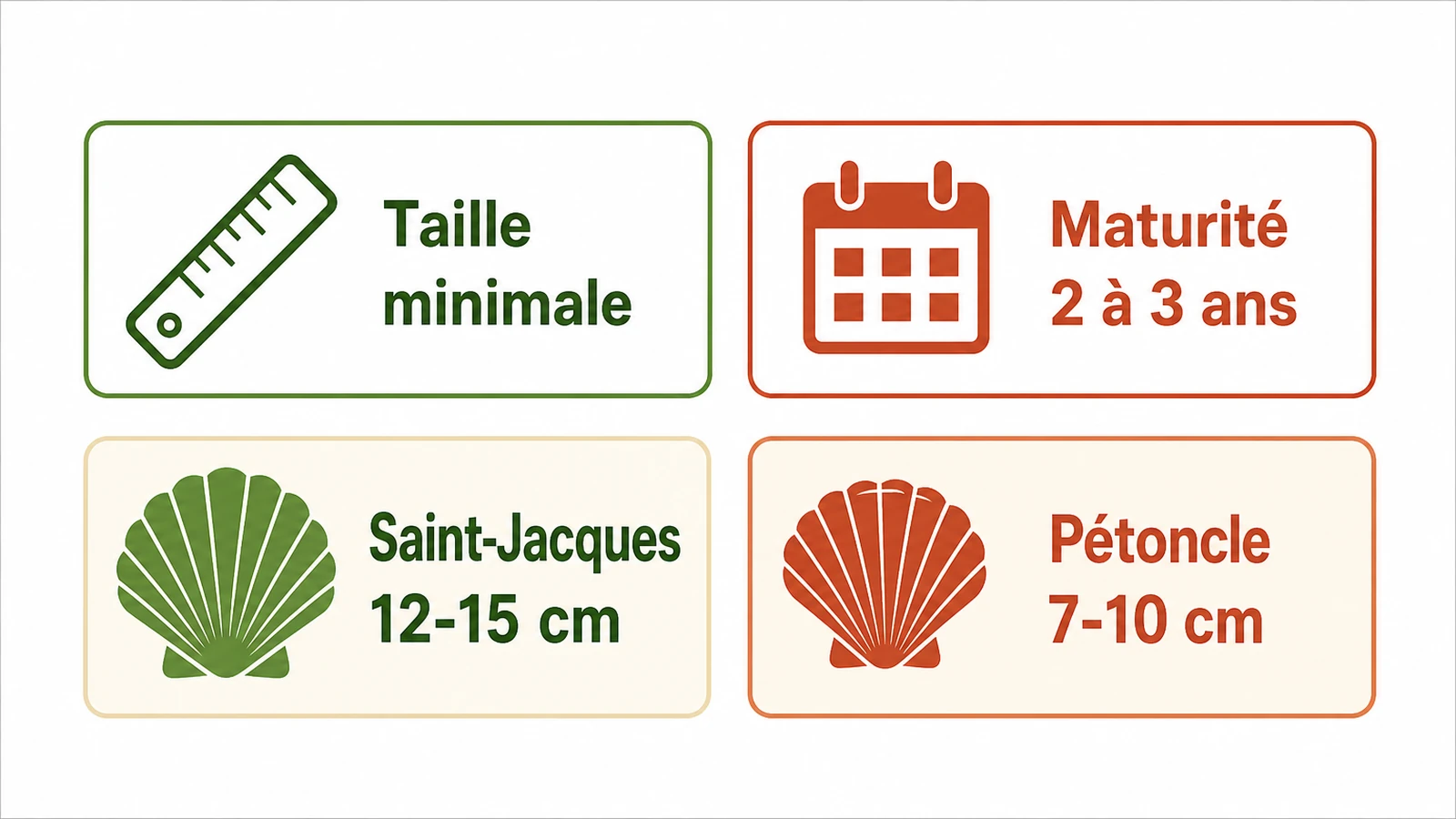 Repères de taille et de maturité pour distinguer les coquilles Saint-Jacques.