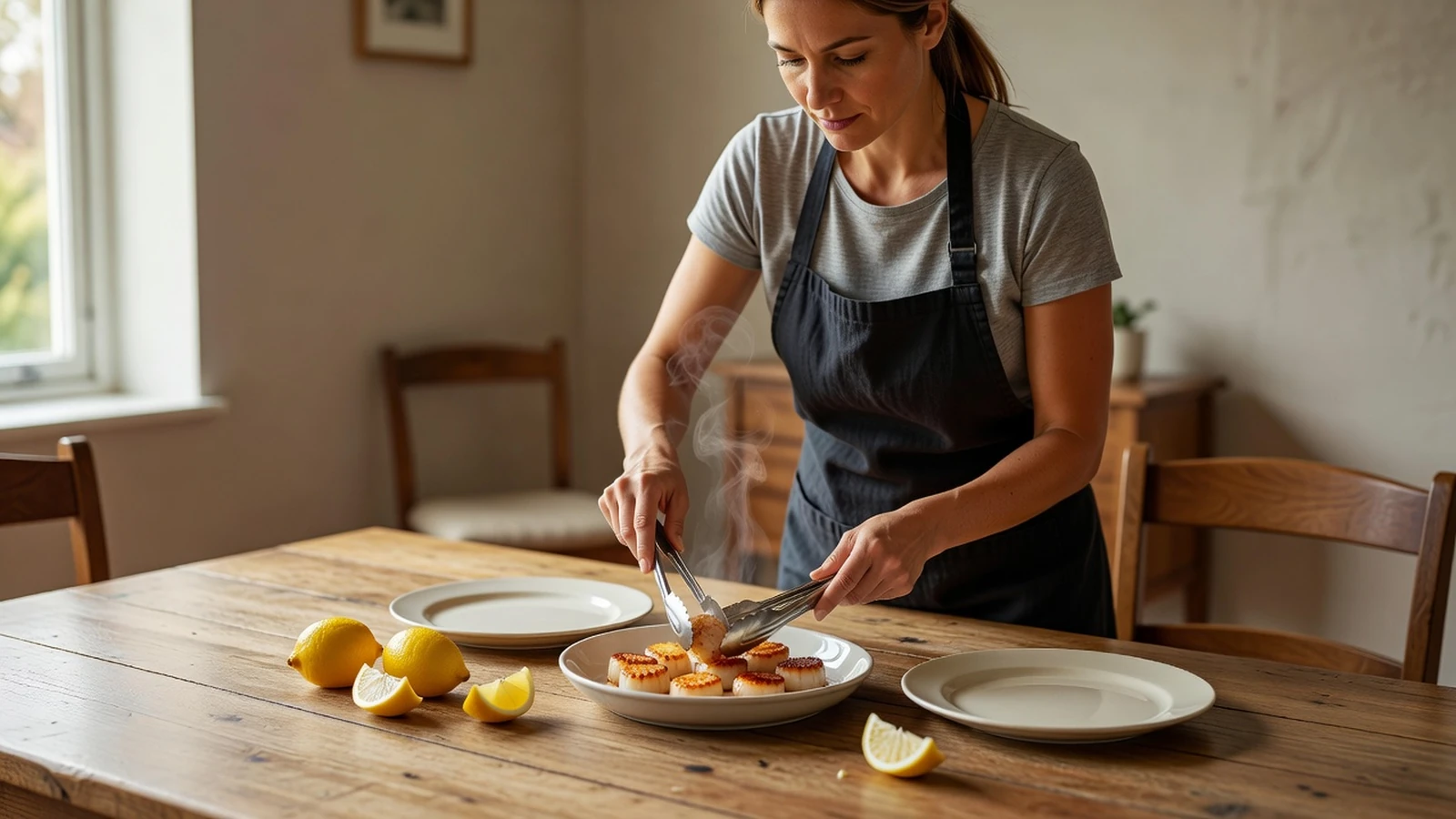 Une cuisinière répartit les noix de coquilles Saint-Jacques après cuisson.