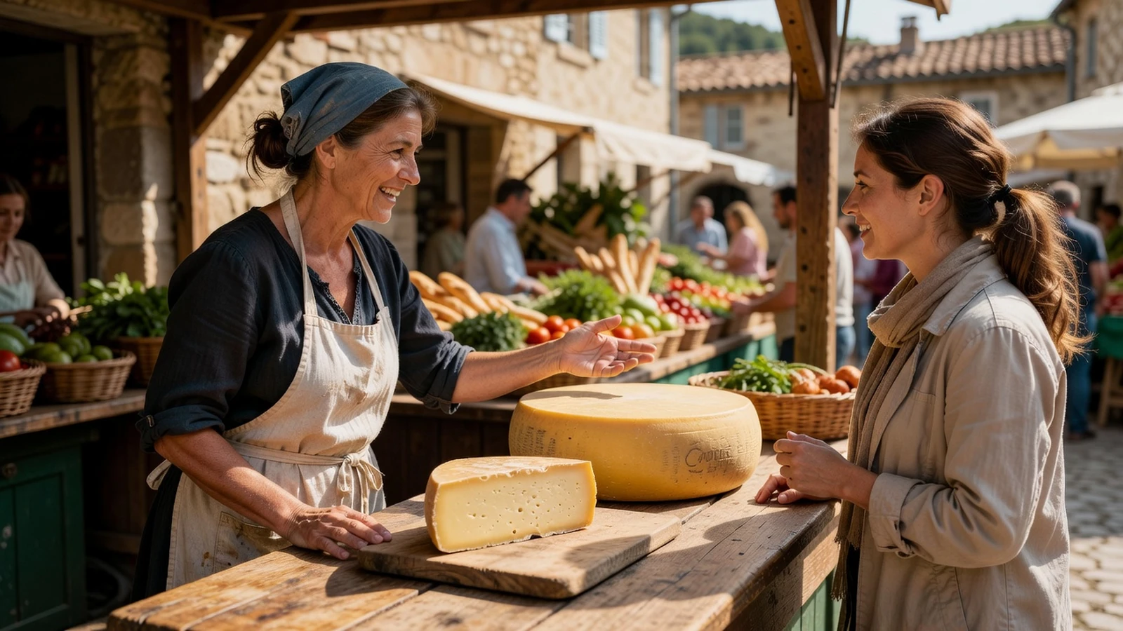 Une vendeuse montre une meule entière et une part de comté à une cliente sur un marché.