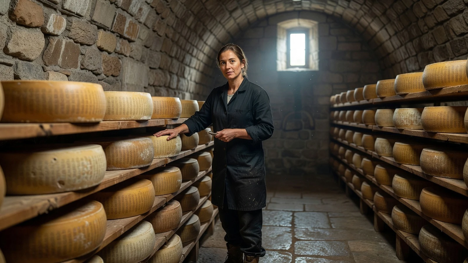 Une affineuse examine des meules de comté sur des planches dans une cave fraîche.