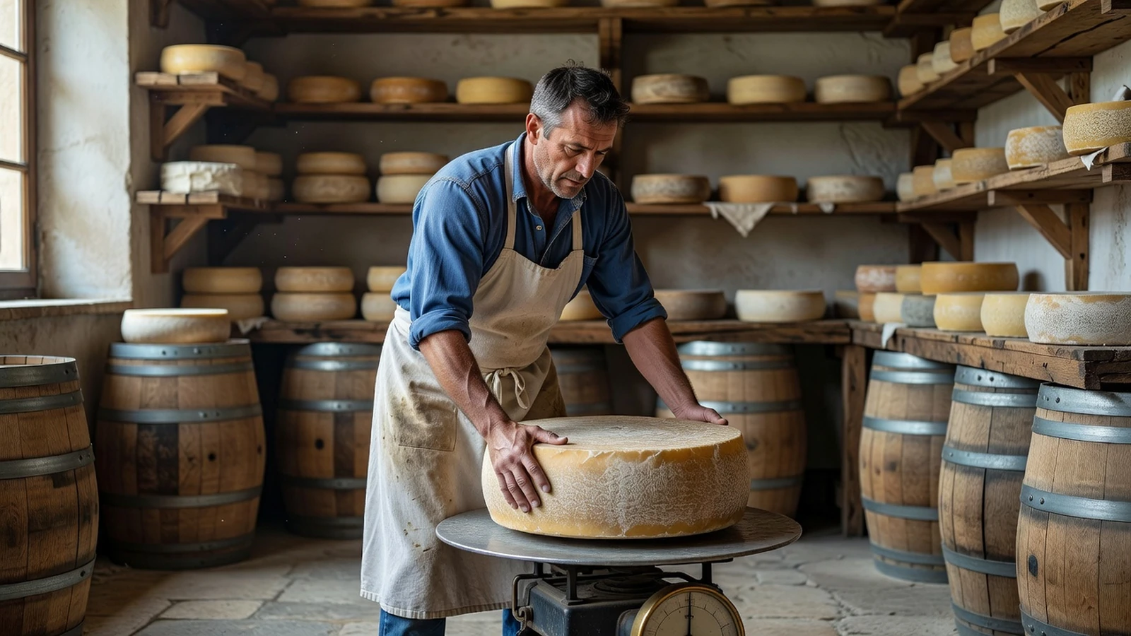 Un fromager place une meule de comté sur une balance ancienne dans sa fruitière.