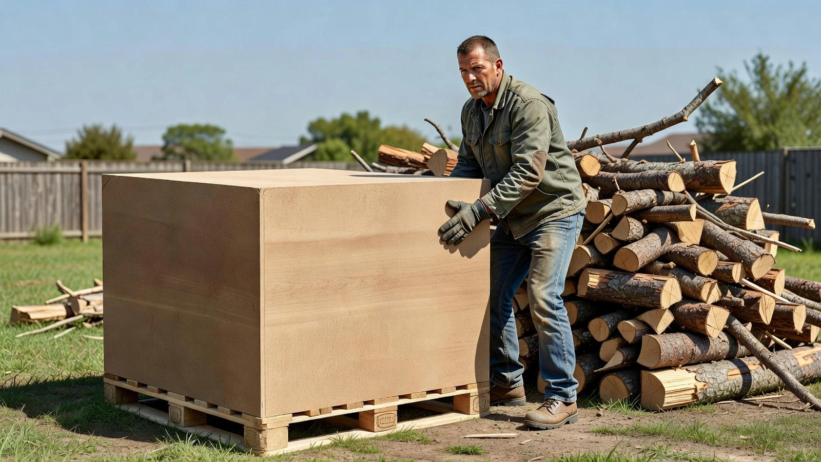 Un homme soulève une palette de bois compressé équivalente à quatre stères traditionnels.